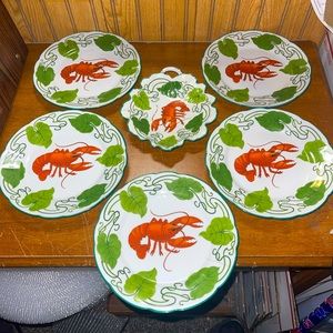 4+1 Crown SAXE Lobster Plates w/ Handle Lemon/Butter Dish MCM Excellent Vintage